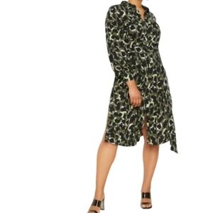 Eloquii Animal Print Side Slit Button Fron Waist Tie Shirt Midi Dress